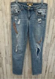 Democracy Girlfriend Jeans Distressed Mid Rise Feather Embroidered Boho