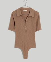 New  Ribbed Short-Sleeve Polo Thong Bodysuit Light umber Small