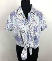 Vintage Faded Glory Purple & Blue Floral Front Tie Button Up Top