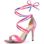 ALLEGRA K Elegant Open Toe Tie Dye Lace Up Stiletto Heel Sandals 7