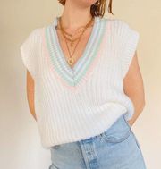 Vintage 1980s Memphis Jones White Pastel Striped Deep V Sweater Chunky Knit Vest