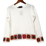 . women indie crochet knit white multicolor sweater size S NWT $78