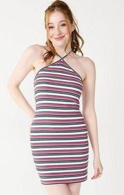 Rewind Junior’s Y-neck Bodycon Stripe Mini Dress size XL