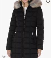 Laundry by Shelli Segal Black Faux Fur Trim Hooded Puffer Coat Size Large