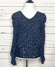 Carmen Marc Valvo Navy Blue Polka Dot Puff Sleeve Blouse Size Small