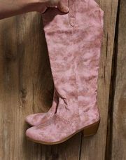 Western Cowboy Knee High Boots Block High Heels Pointed Toe Cowgirl Pink Size 41