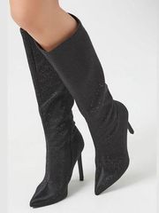 Black Rhinestone Knee High Boots