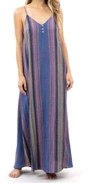 Rip Curl Golden Days Maxi Dress Blue Purple Boho Stripe Linen Blend Size Medium