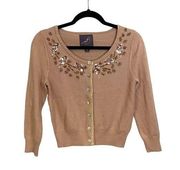 Knitted Dove Tan Sequin Embellished Long Sleeve Button Up Cardigan Sweater Small
