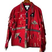 Orvis Cotton Tapestry Funky Jacket Red Artsy Tribal Button Up Womens XL