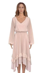 Joyfolie Mia Joy Midi Dress Asymmetric Ruffles Pink Chiffon Boho Ballet Medium