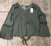 NWT Small MUDD Army Green Blouse with Flower Lace