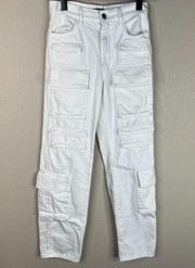 Maje Womens Cargo Pants Jeans Sz 34 White Mid Rise Straight Slim Fit Multipocket