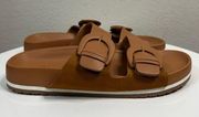 Time and Tru Footbed Sandal Tan Open Toe Big Buckle Strap Slide Women's Size 10