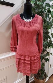 Indigo Soul Burnt Orange Tiered Boho Tunic Long Sleeve Knee Length Dress Large