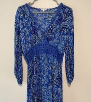 Poupette St Barth Joan Maxi Crochet Waist Dress in Blue Malva Bird Print XS