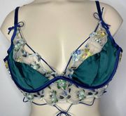 for Love & Lemons Bra XL Blue Teal Embroidered Floral Partially Lined Satin NEW