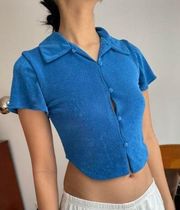 With Jean Short Sleeve Hi Low Hem Tess Button Up Crop Top Blue Women's Size XS