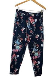 French Connection Navy Linen Blend Pants with Floral Print—Size 6