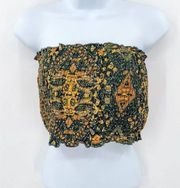 Earthbound Smocked Strapless Tube Top Boho Printed Yellow Green Medium