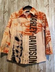 Women's Harley Davidson Orange Black Button Down Shirt Size Medium 100% Cotton