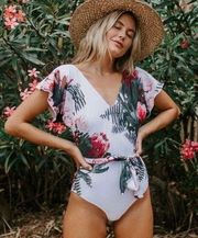 Albion Desert Rose Cape One Piece Belted Floral Swimsuit White Pink Size Large