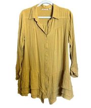 Soft Surroundings Tunic Top Womens Medium Yellow Button Gauze Flutter Hem Blouse