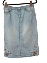 Christopher & Banks Denim Light Wash Floral Embroidery Jean Midi Skirt