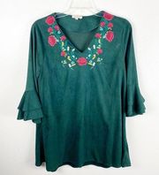 UMGEE Green Velour Embroidered Layered  Bell Sleeves Dress, Size Large