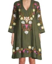 Roller Rabbit green embroidered vneck long sleeve dress small