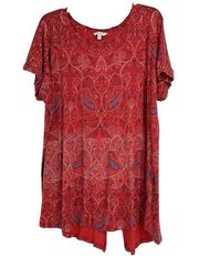 Lucky Brand Red Split Back Boho Shirt Mixed Pattern Short Sleeves Casual…