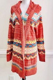 NO BOUNDARIES "NOBO" Orange Blue & White Southwestern Aztec Long Cardigan ~ XL