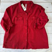 NEW NY Collection Woman Red Crepe Textured 3/4 Sleeve Button Front Blouse 3X