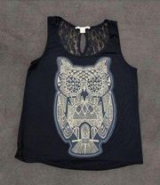 Black Owl Lace Sleeveless Top, Women's Small