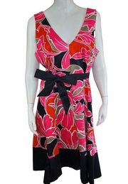 Jones Wear Dress Pink Black Floral V-Neck A-Line Sleeveless Dress Belt Size 16