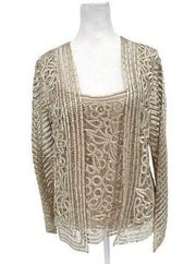 Soulmates Beige Neutral 100% Silk Crochet Lace Cardigan Tank Top Set sz Medium