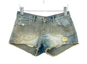 ZARA  Trafaluc embroidered floral paisley light wash blue cutoff denim shorts