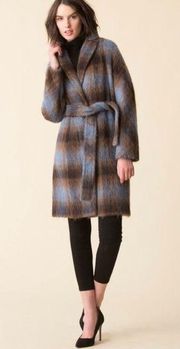 Rachel Zoe Brown Blue Plaid Waist Tie Shawl Wool Blend Coat size Medium