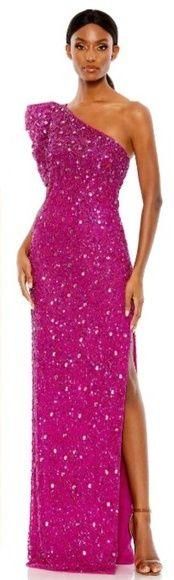Mac Duggal 10912 Hot Pink Embellished Puff Sleeve Column Gown 8 $598 NEW