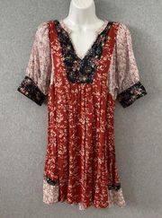 Bluheaven Dress Women Medium Red Blue Floral Boho Chic Flowy Peasant Festival