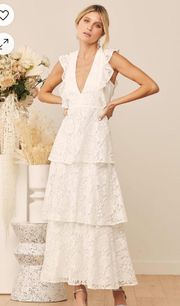 Molinetto White Lace Ruffled Tiered Sleeveless Maxi Dress