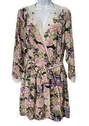 Natori Vintage  Set Chemise And Robe Floral Rose Print With Lace Trim Size Small