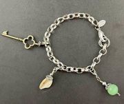 Origami Owl Silver Tone Charm Bracelet 7” Key Green Bead Stone Charms A