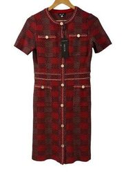 Misook Bold Plaid Tweed Knit Sheath Dress, Classic Red NWT Size XS $378