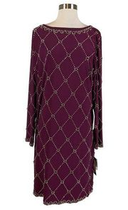 Betsy & Adam Women's Cocktail Dress Size 18W Purple Beaded Long Sleeve Sheath