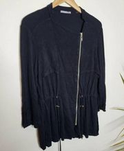 Tart Black Long Sleeve Jersey Knit Jacket Top with Gold Asymmetrical Zipper