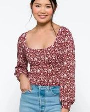 LUSH Naomi Square Neck Cropped Knit Top Size Large Red White Floral