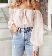 Nordstrom Wayf Dede x Emily sarah pink chiffon gold puff sleeve off shoulder Top