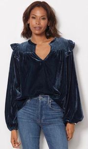 Evereve Navy Yana Velvet Ruffle Top with Smocked Yoke