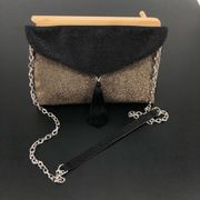 MNG Mango Shimmery Gold Black Envelope Tassel Convertible Clutch